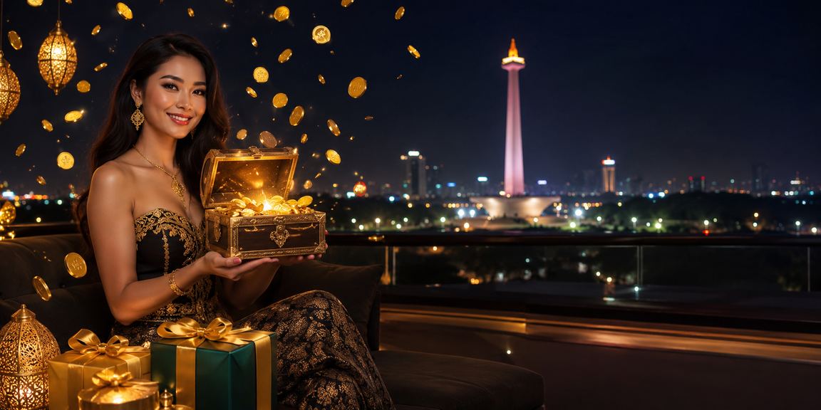 Perempuan Vietnam tersenyum memegang ponsel di depan layar kasino bercahaya