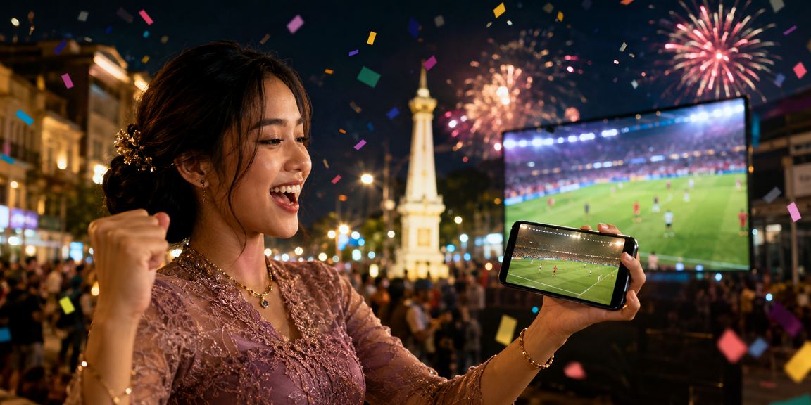 Pengguna mengakses kasino dari ponsel di suasana festival malam hari
