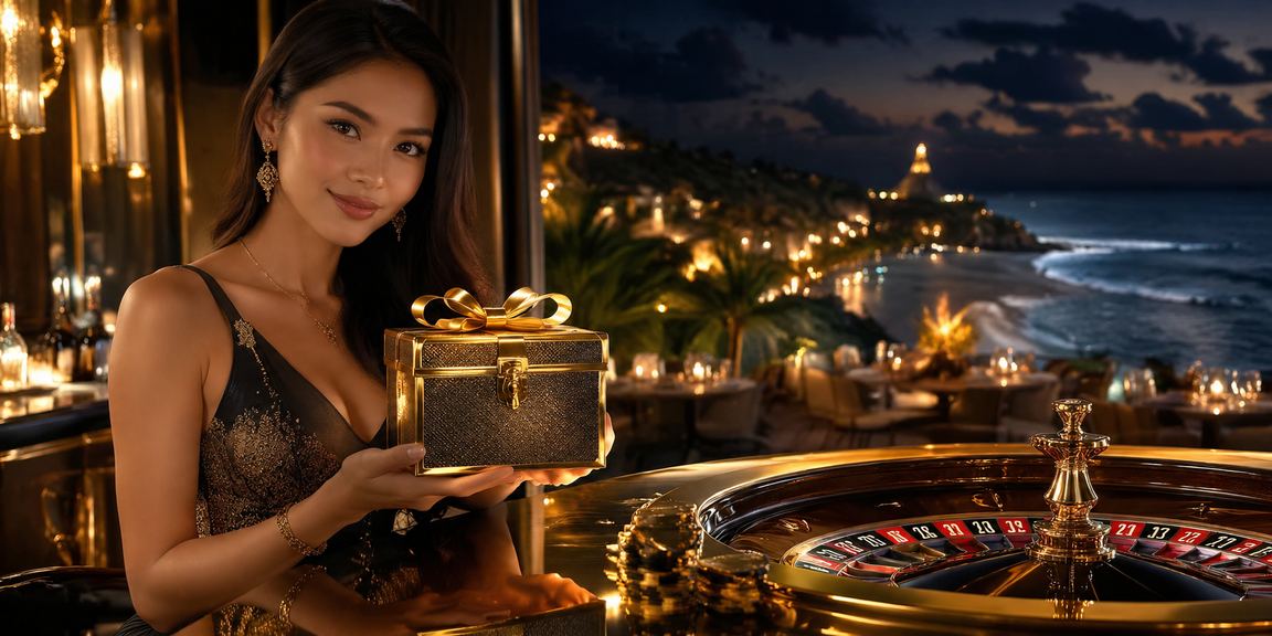 Meja roulette kasino dengan latar belakang pantai senja
