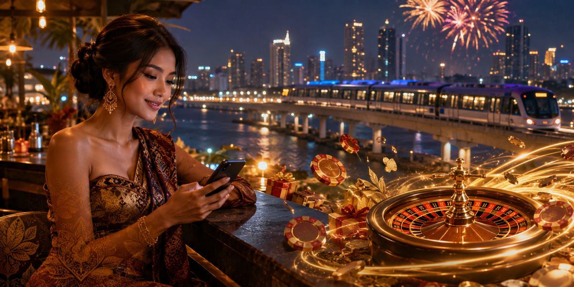 Meja roulette kasino dengan latar pantai tropis yang cerah