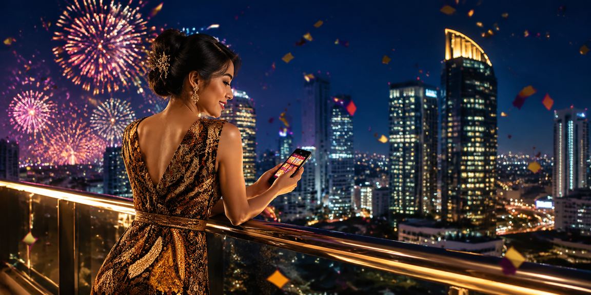 Layar slots dengan tema festival berwarna-warni dan simbol jackpot