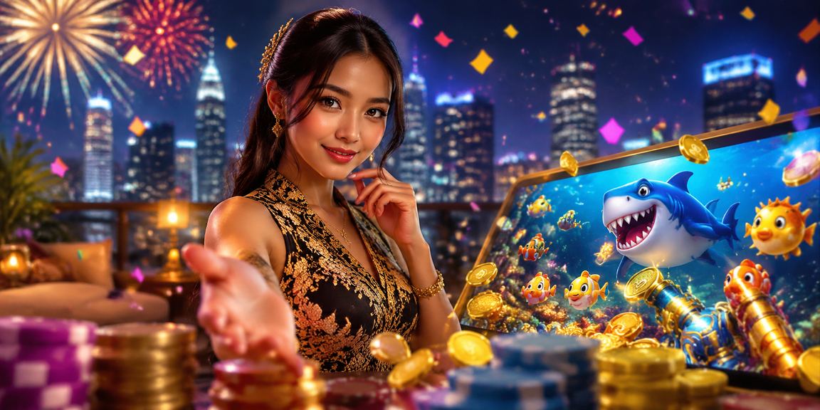Layar tembak ikan penuh warna dengan efek air festival Asia